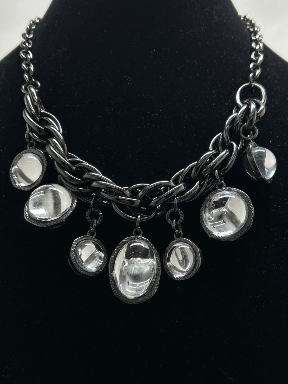 Blackened Metal Necklace With Clear Acrylic Cabachons, Statement Piece